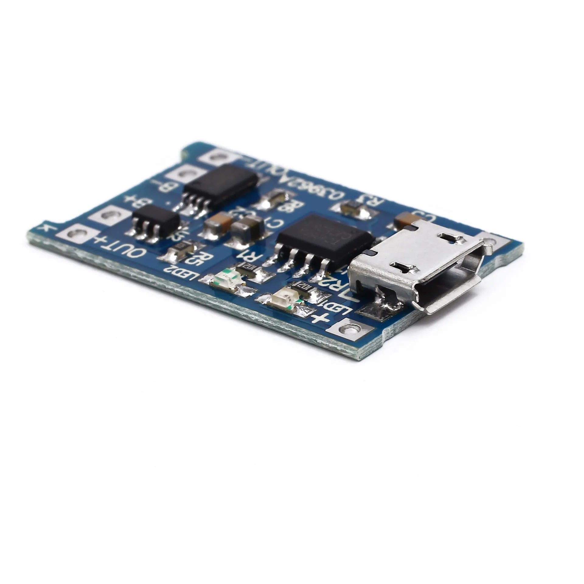 Blue lithium battery charging and protection board measuring 2.6 by 1.7 centimetres