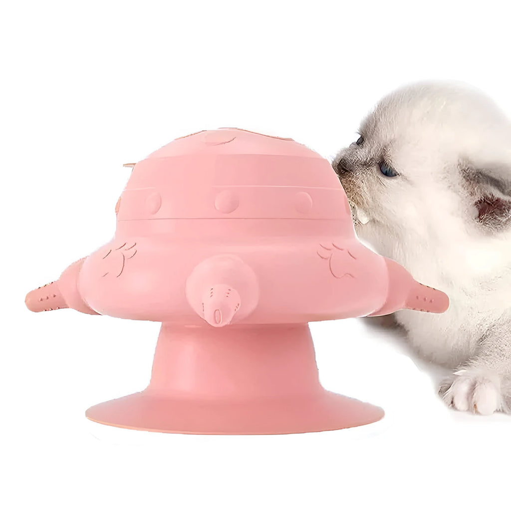 Pink silicone pet nursing device with milk bowl and four pacifiers for puppies and cats