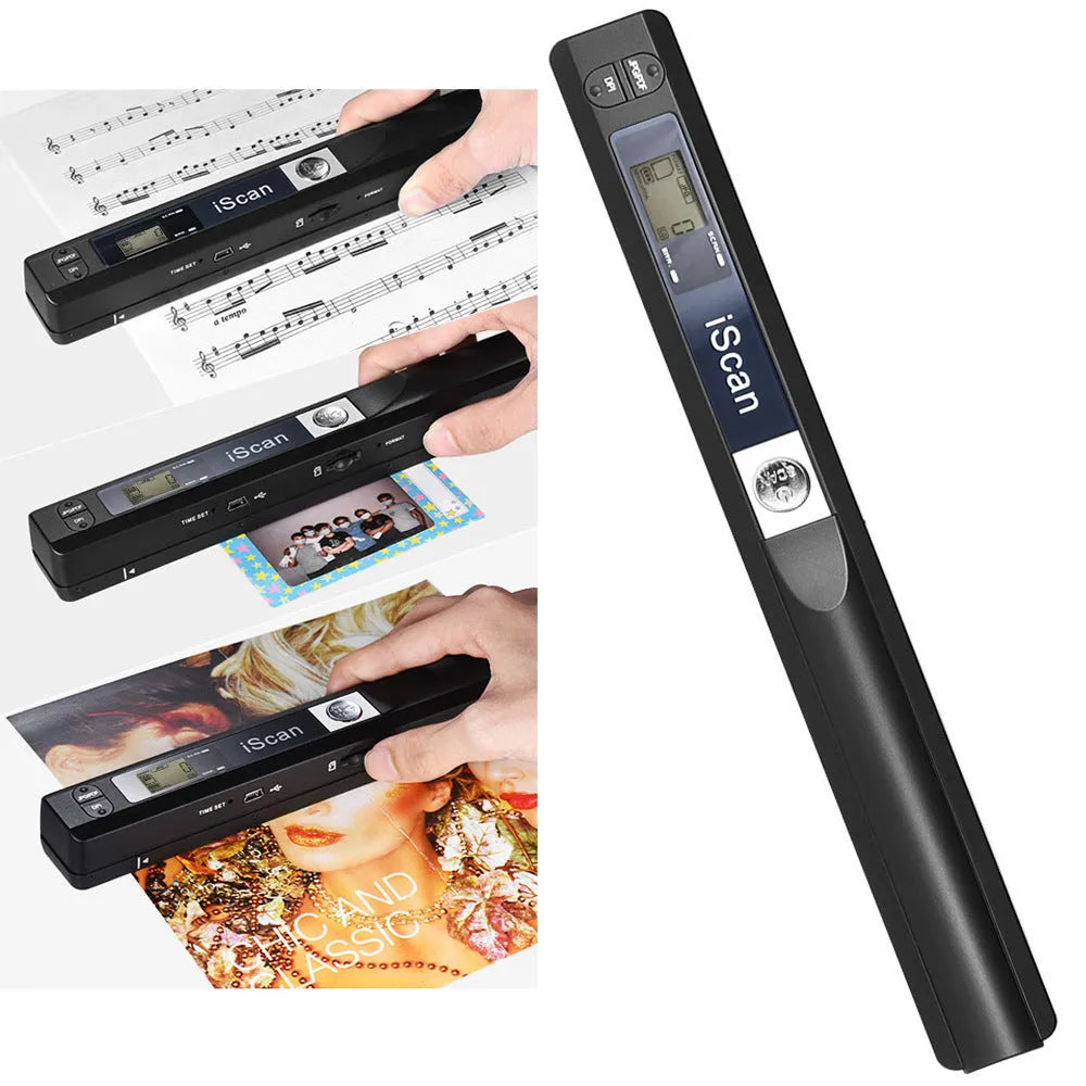 USB handheld barcode scanner in five colour options showing plastic construction with cable connection