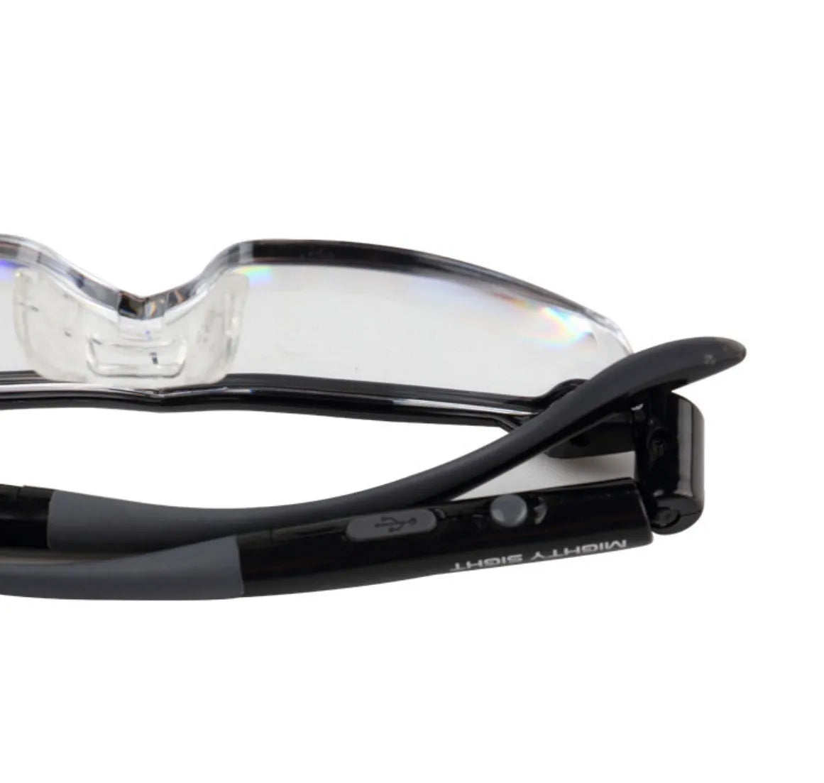 Transparent black USB LED reading glasses with integrated illumination and ABS plastic frame