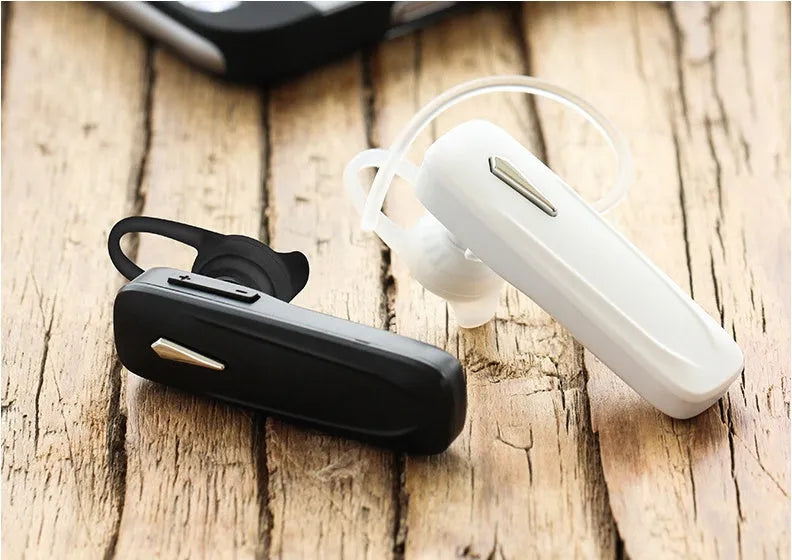 M165 wireless Bluetooth headset in black with hang-on ear design showing battery display