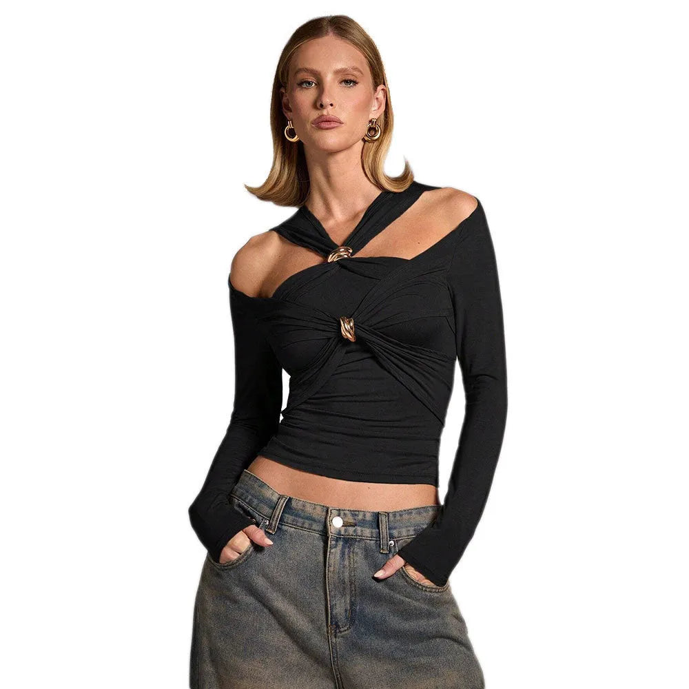 Black women's polyester halter top with slim fit, long sleeves, and shoulder-baring design