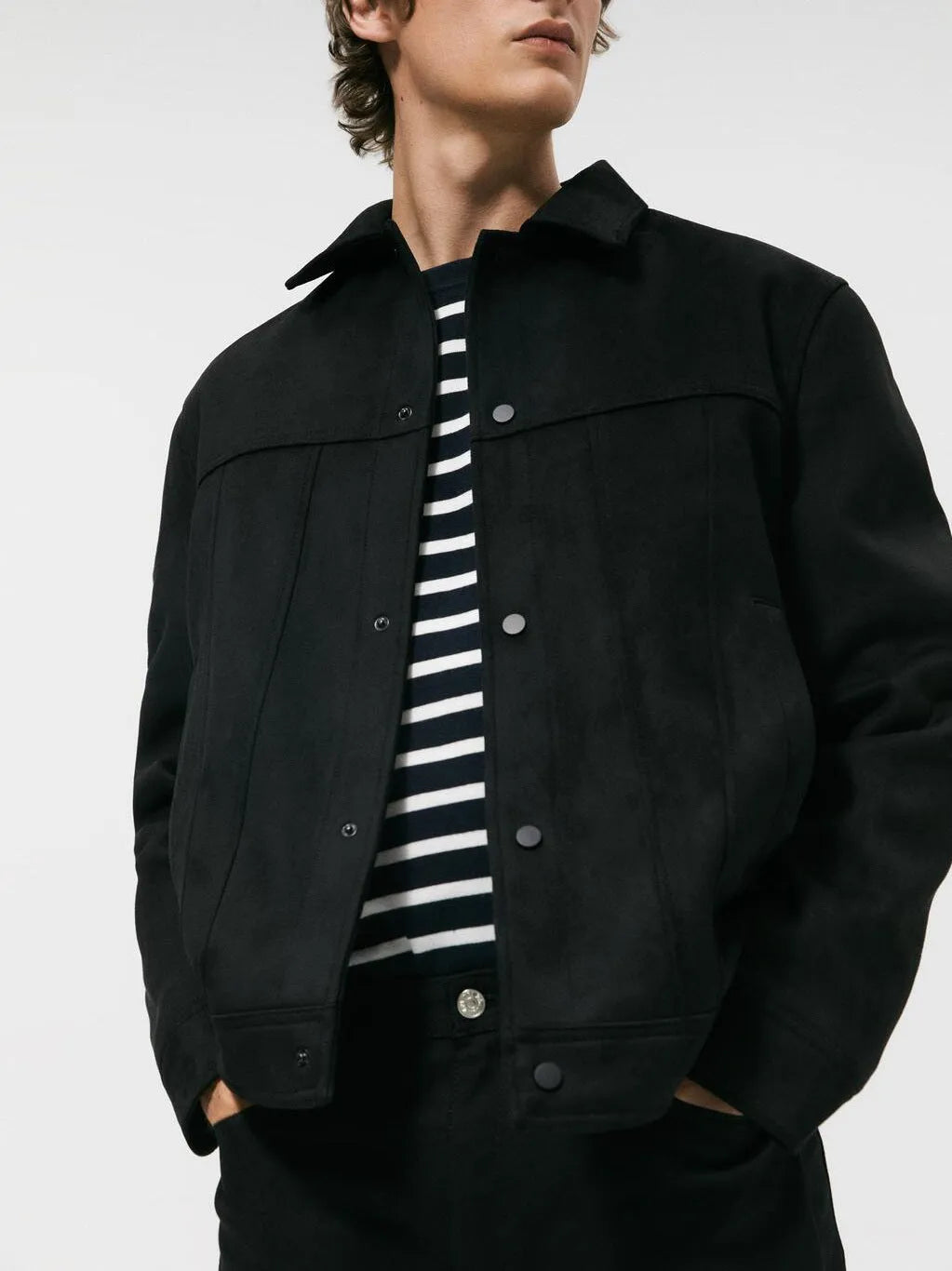 Men's black hooded jacket with suede collar showing front view with pockets