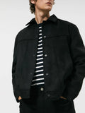 Men's black hooded jacket with suede collar showing front view with pockets