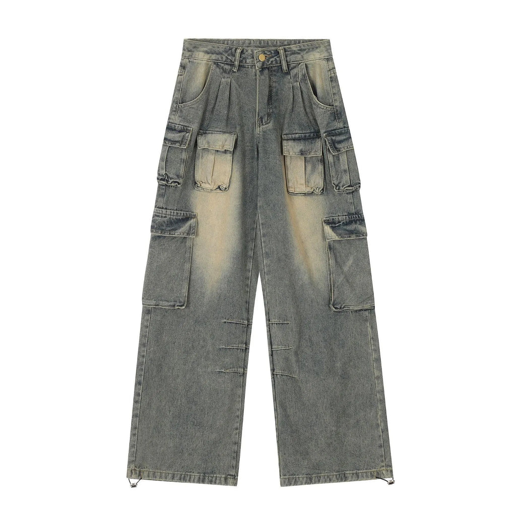 Multi-pocket loose distressed jeans in washed denim with straight-leg cut and tooling style pockets