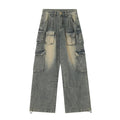 Multi-pocket loose distressed jeans in washed denim with straight-leg cut and tooling style pockets