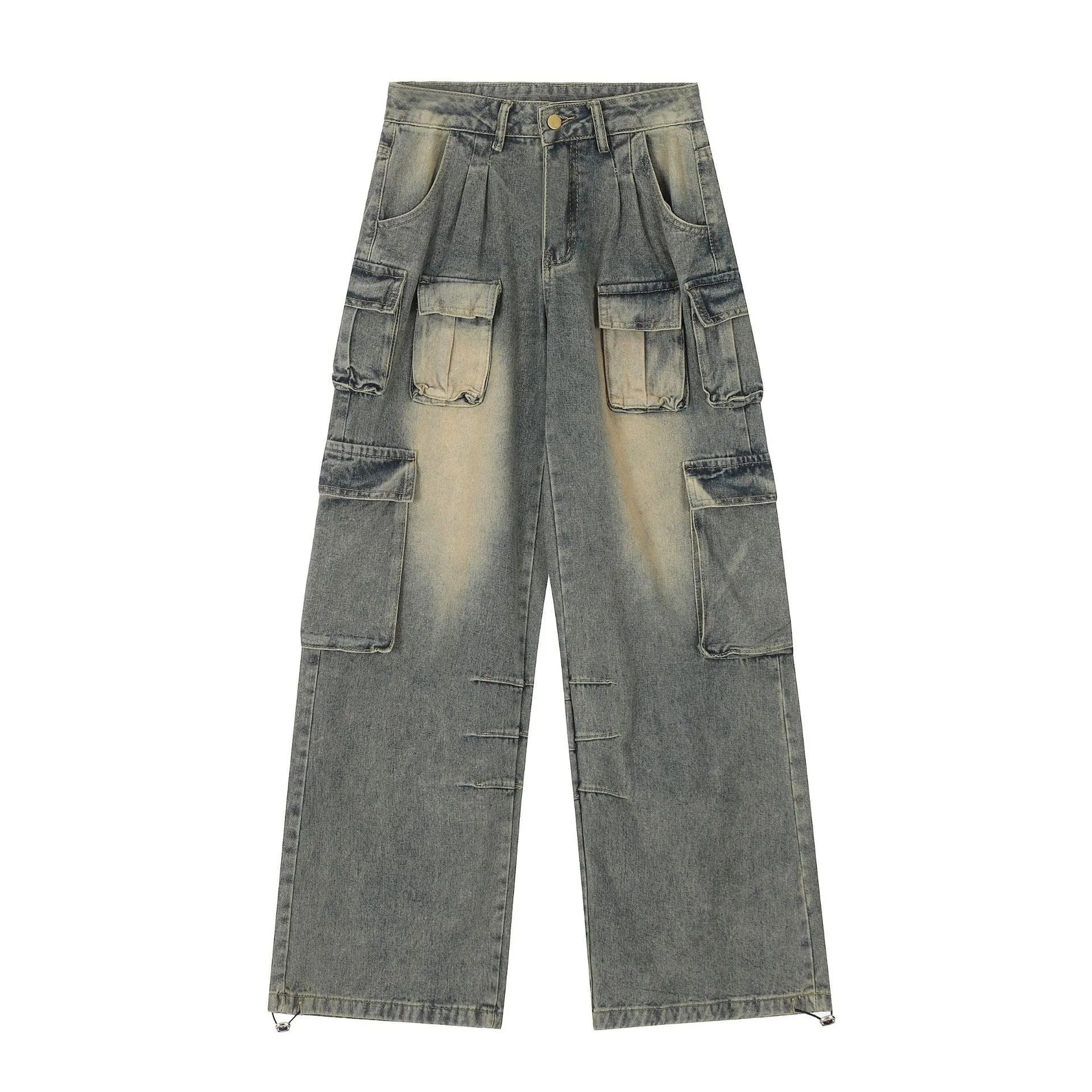 Multi-pocket loose distressed jeans in washed denim with straight-leg cut and tooling style pockets