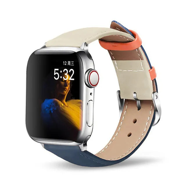 Genuine cow leather Apple Watch strap with metal pin buckle in black colour for 42mm case