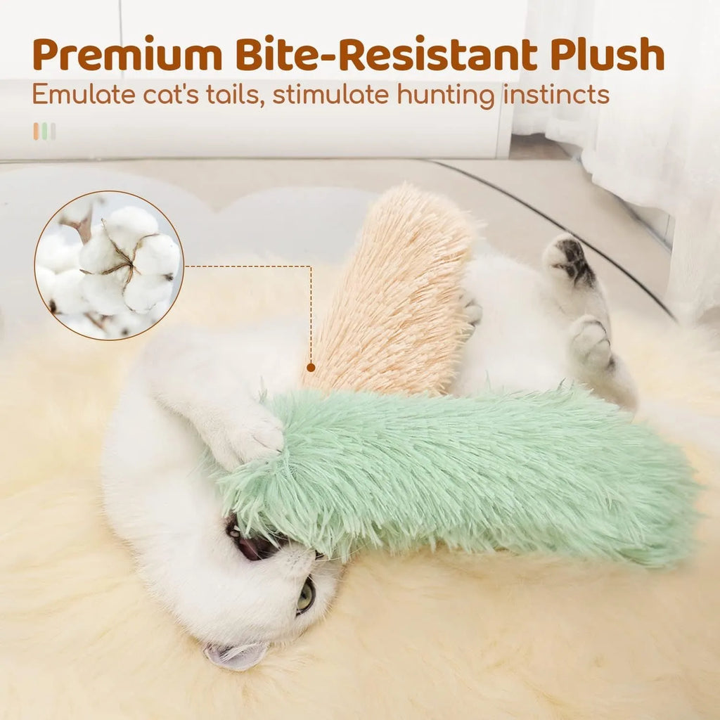 Soft plush cat toy pillow in four colours measuring 27cm by 10cm