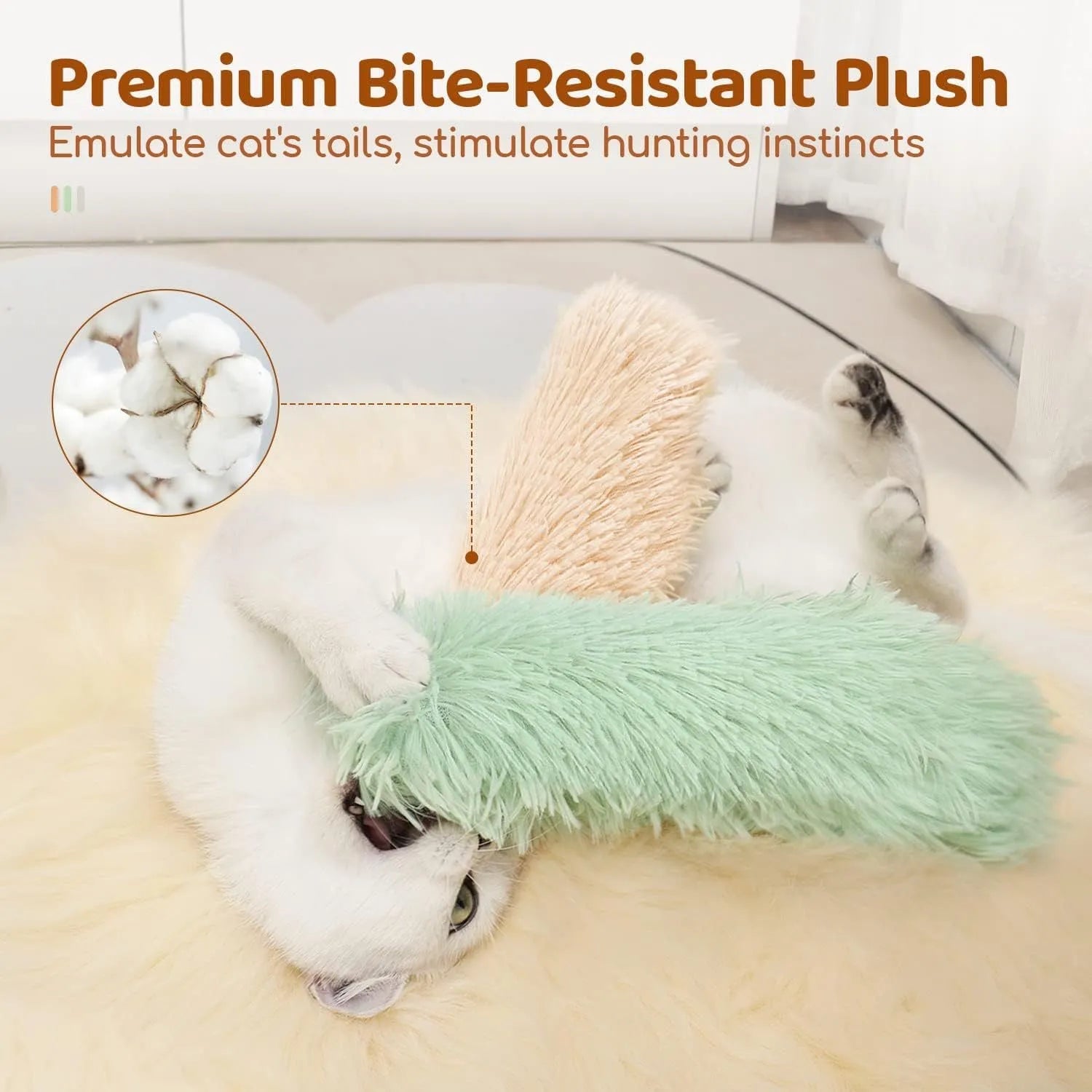 Soft plush cat toy pillow in four colours measuring 27cm by 10cm