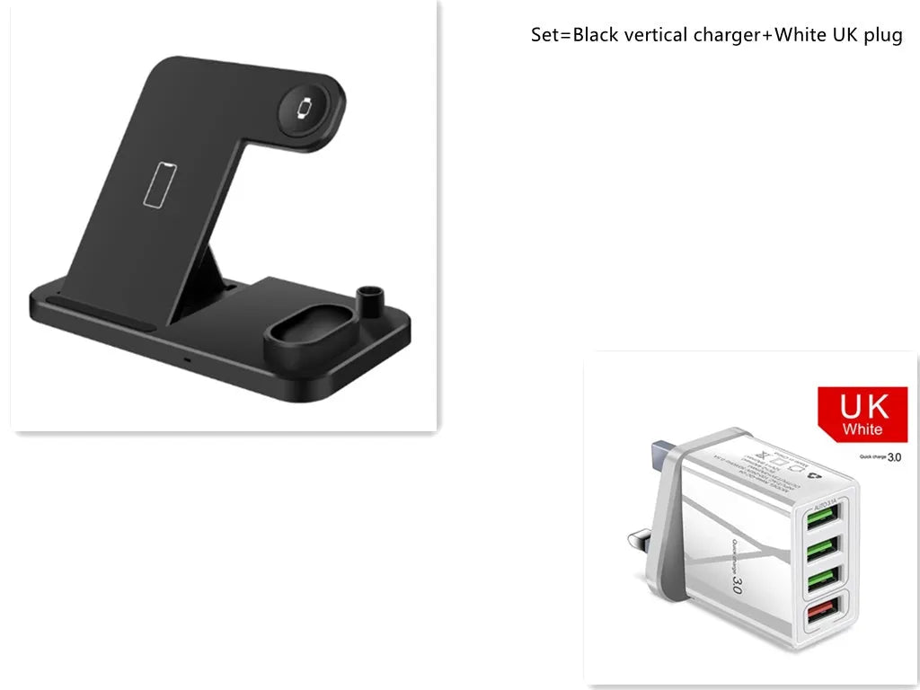 4-in-1 wireless charging station showing phone, Apple Watch, AirPods and Apple Pencil charging simultaneously on adjustable stand