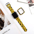 Printed silicone Apple Watch compatible strap shown in multiple design styles for 38mm 40mm 42mm 44mm cases.