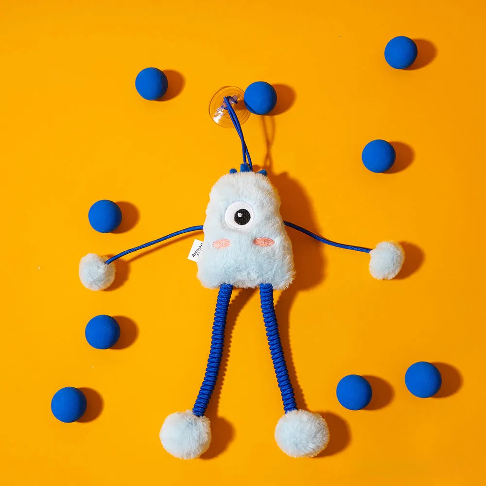 Blue telescopic elastic cat toy with plush mint-scented ring bell attachment extended during play