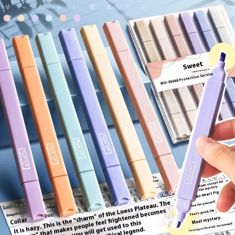 Set of double-tipped fluorescent marker pens showing chisel and bullet nibs, in mixed bright and pastel colours.