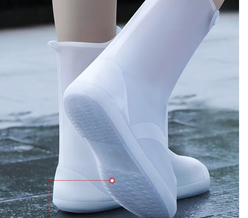 White high-top reusable PVC shoe covers with anti-skid soles for water resistant protection