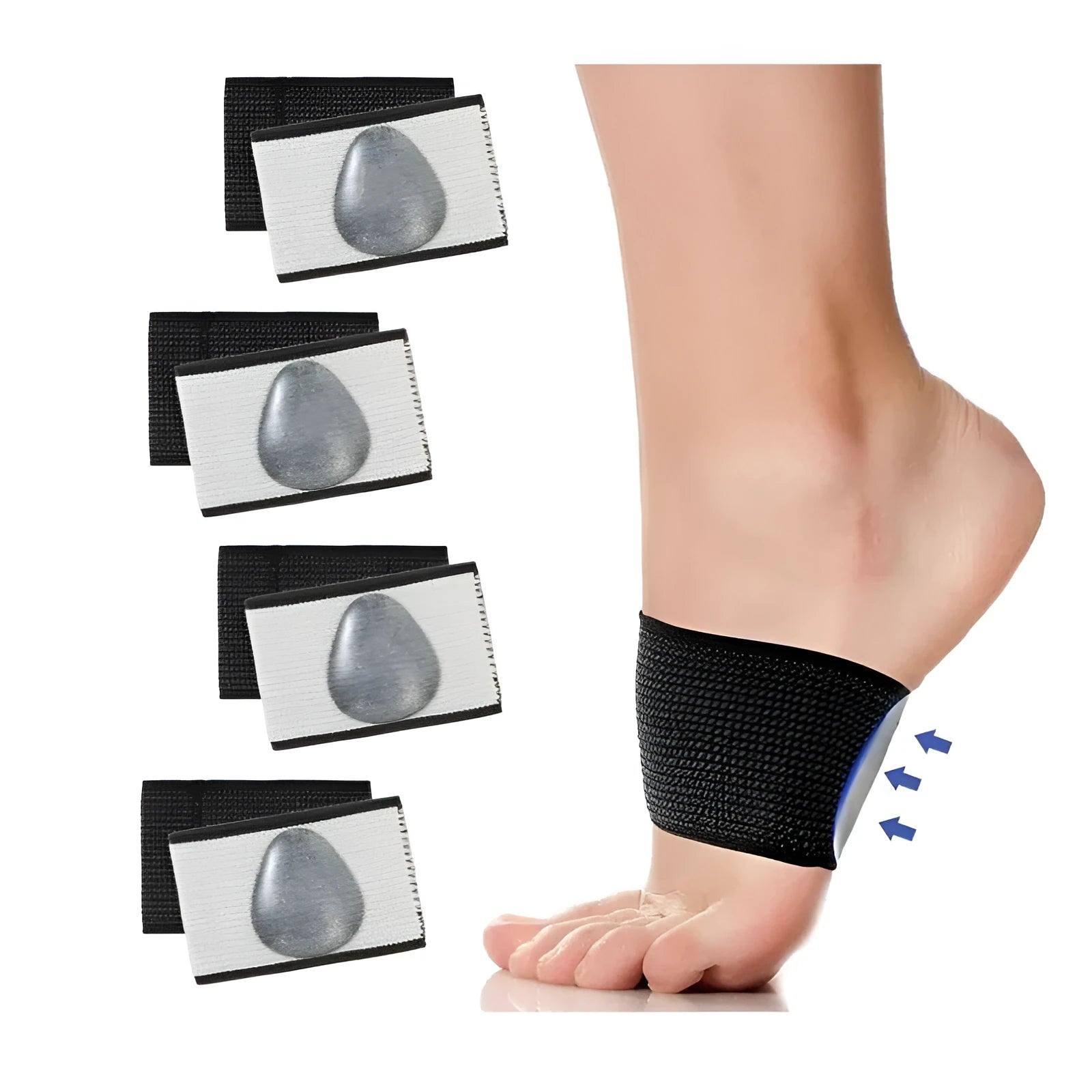 Unisex flat foot support bandage with elastic arch support and a silicone heart pad, shown in two style variations.