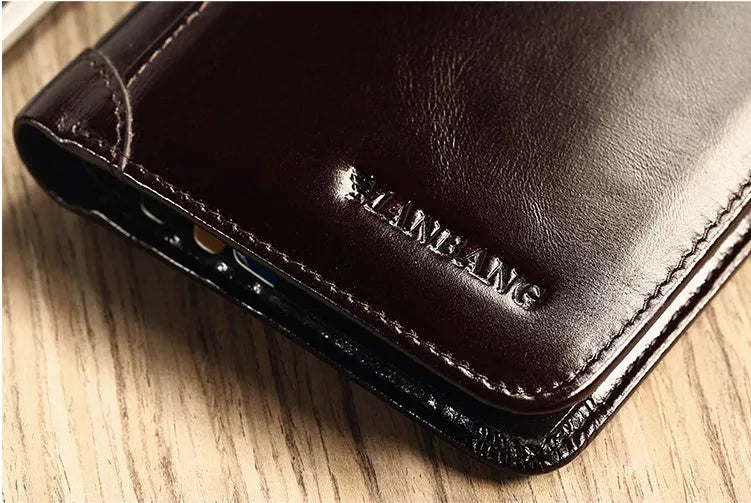 Men's leather wallet open to show internal card slots, cash section, coin pocket, and document holder.