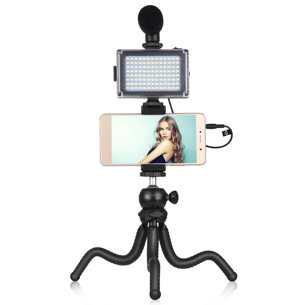 Black octopus-style flexible tripod with integrated fill light and microphone for iPhone live broadcasting.