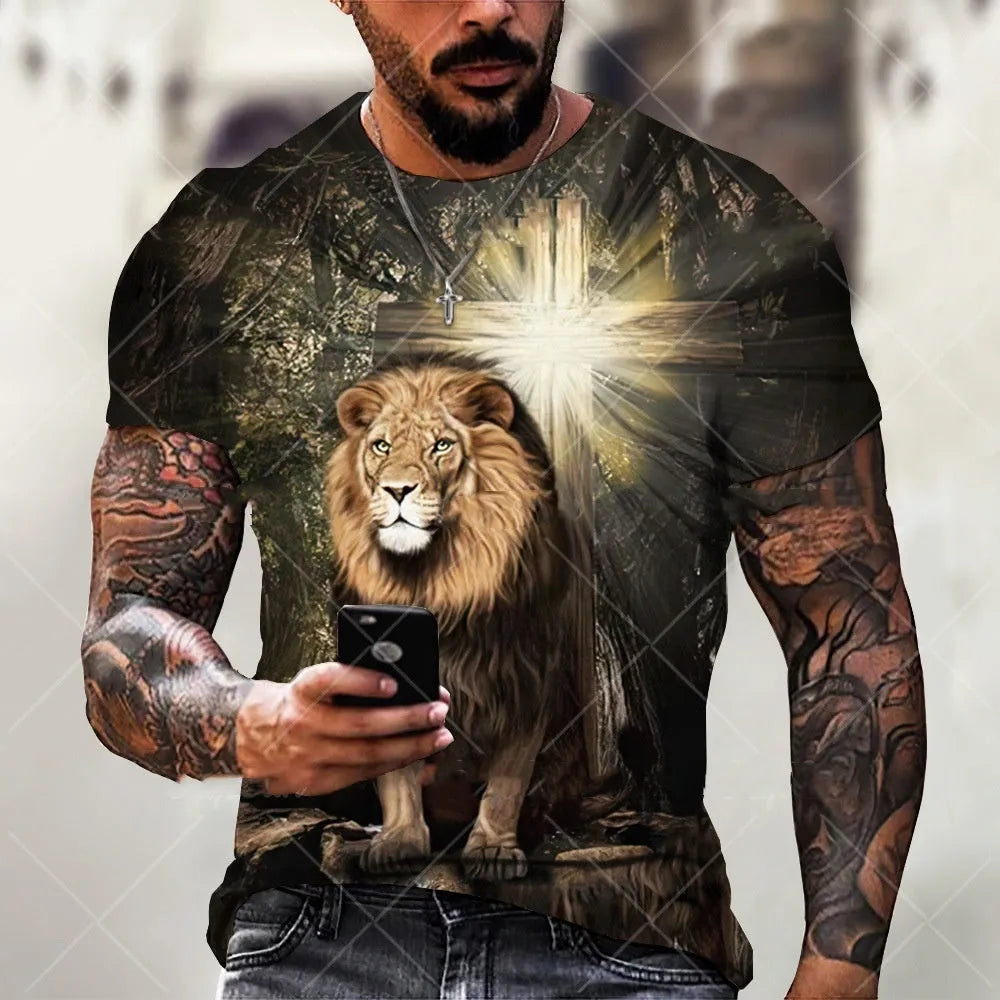 Men's grey T-shirt featuring a 3D printed Jesus pattern on the chest, with short sleeves.