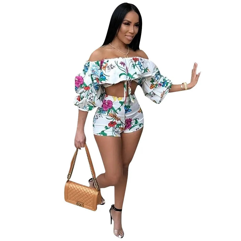 Women's multicolour two-piece pants suit with digital printing and pile sleeves