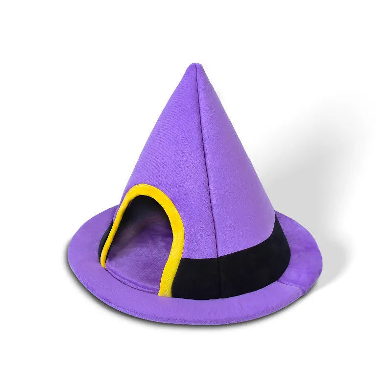 Purple witch hat shaped cat nest pet bed measuring 60x45cm