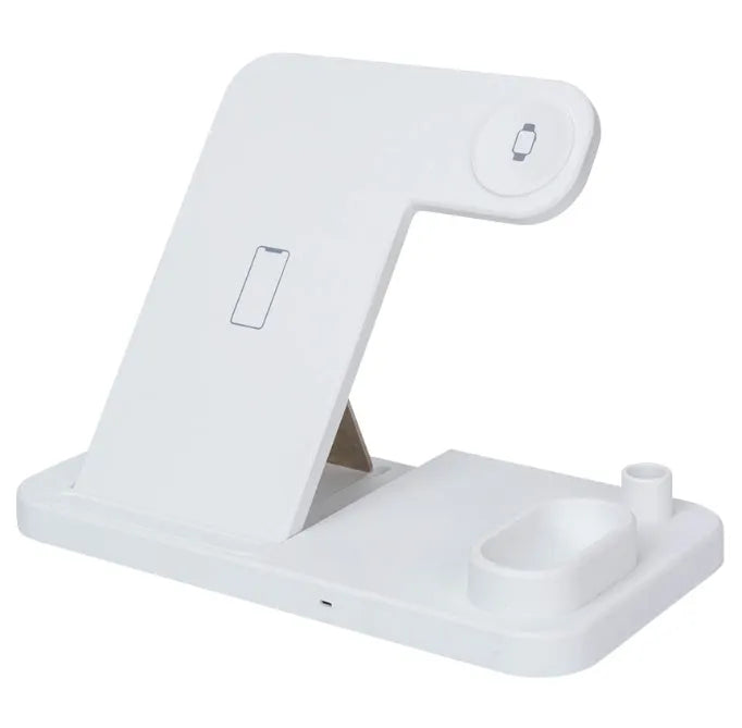 4-in-1 wireless charging station showing phone, Apple Watch, AirPods and Apple Pencil charging simultaneously on adjustable stand