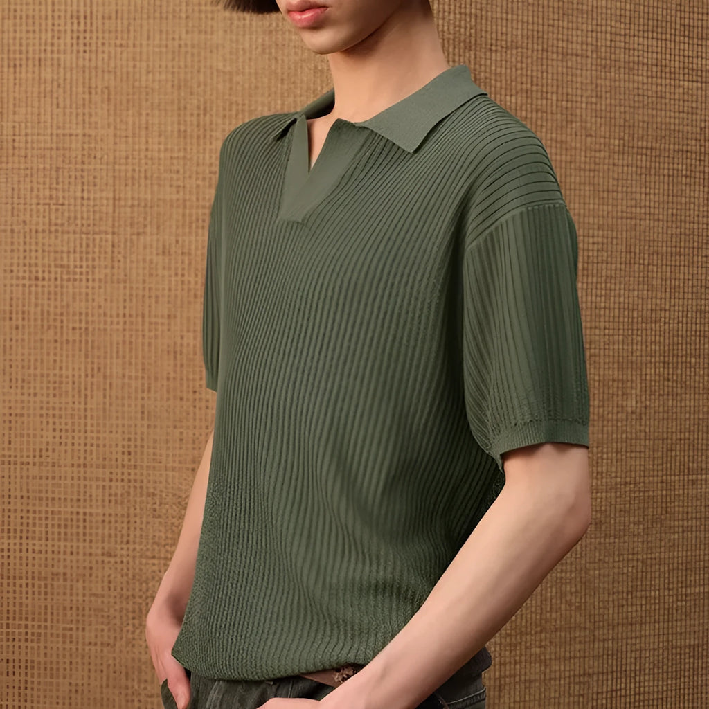 Business style polo shirt with stripes in ice silk breathable fabric, available in creamy-white, black, and grey colours