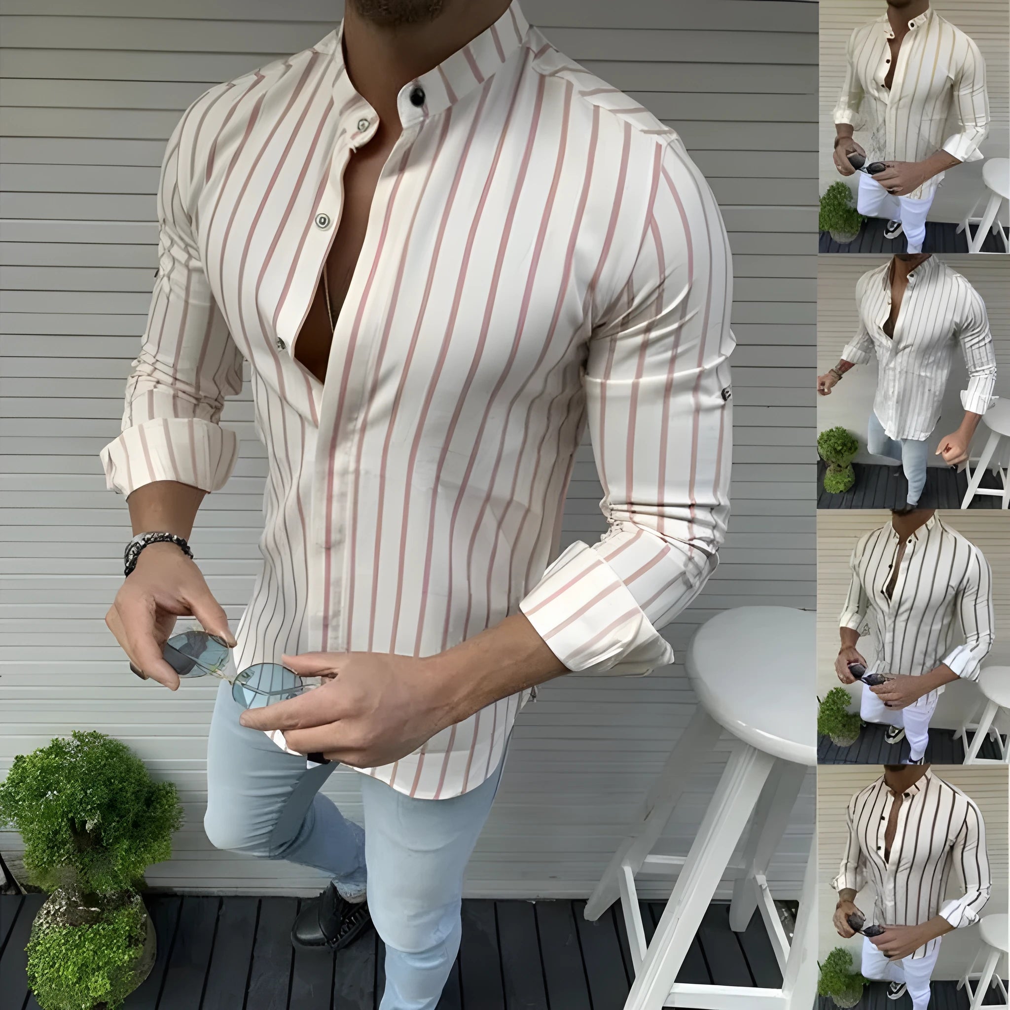Men's striped wide lapel button cardigan long sleeve casual shirt in blue, cotton-polyester blend