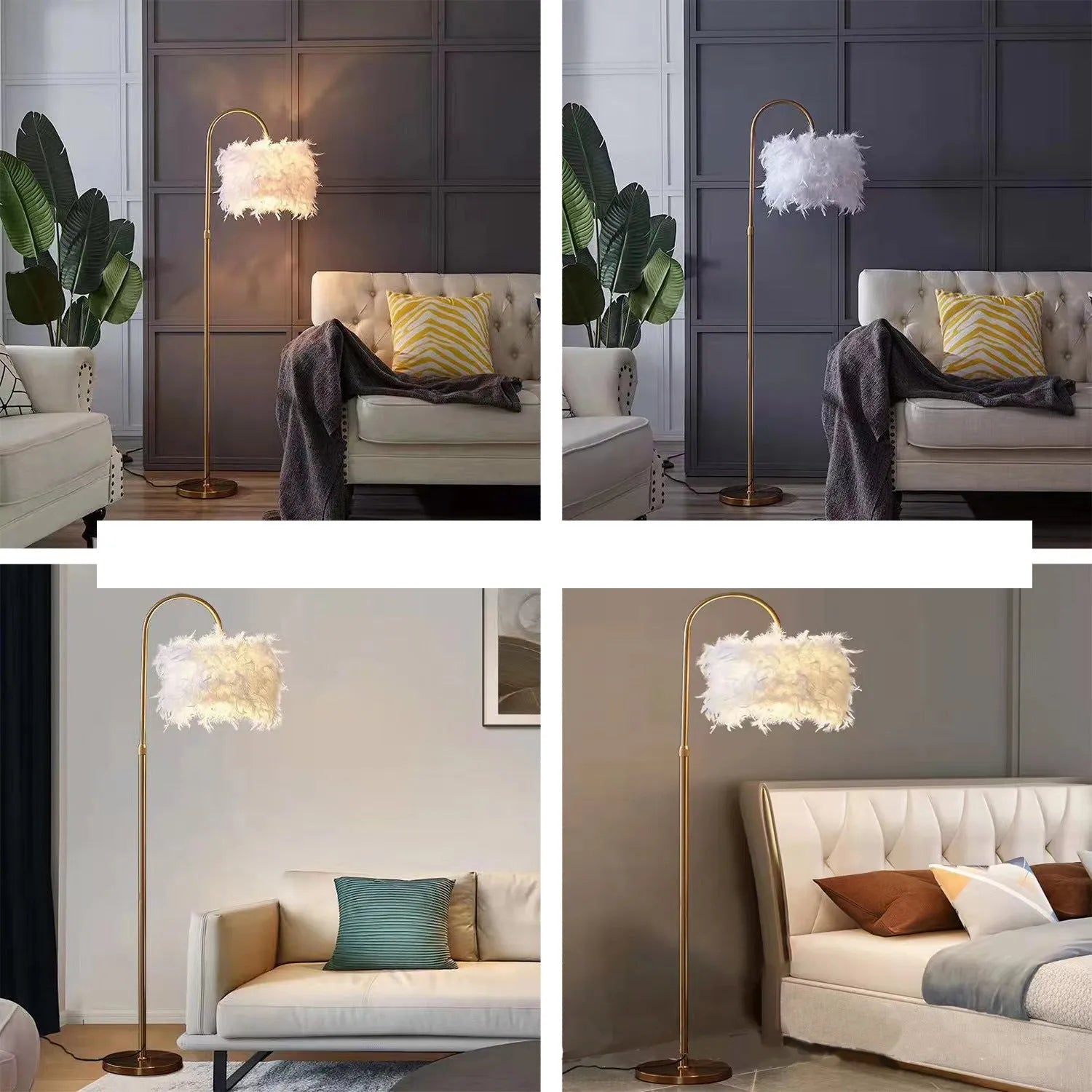LED white feather floor lamp with gold copper finish and curved iron stand 155cm tall