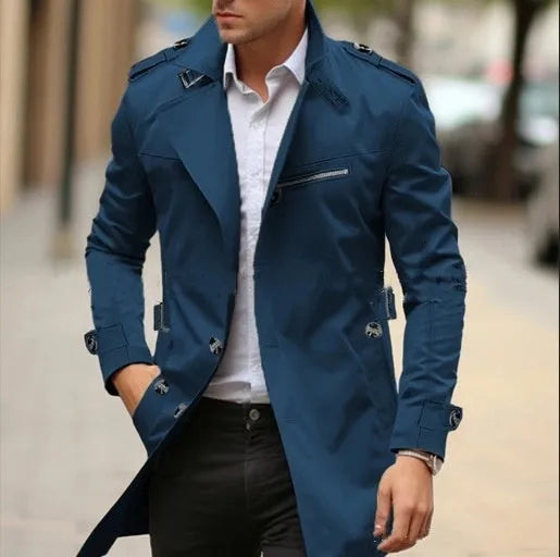 A plus size man wearing a mid-length lapel jacket in army green, showing side pockets and casual style.