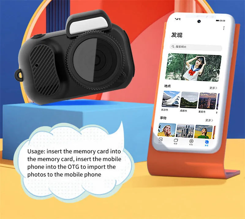 Retro mini camera in black with display screen, 1080p HD portable camcorder for home and outdoor recording