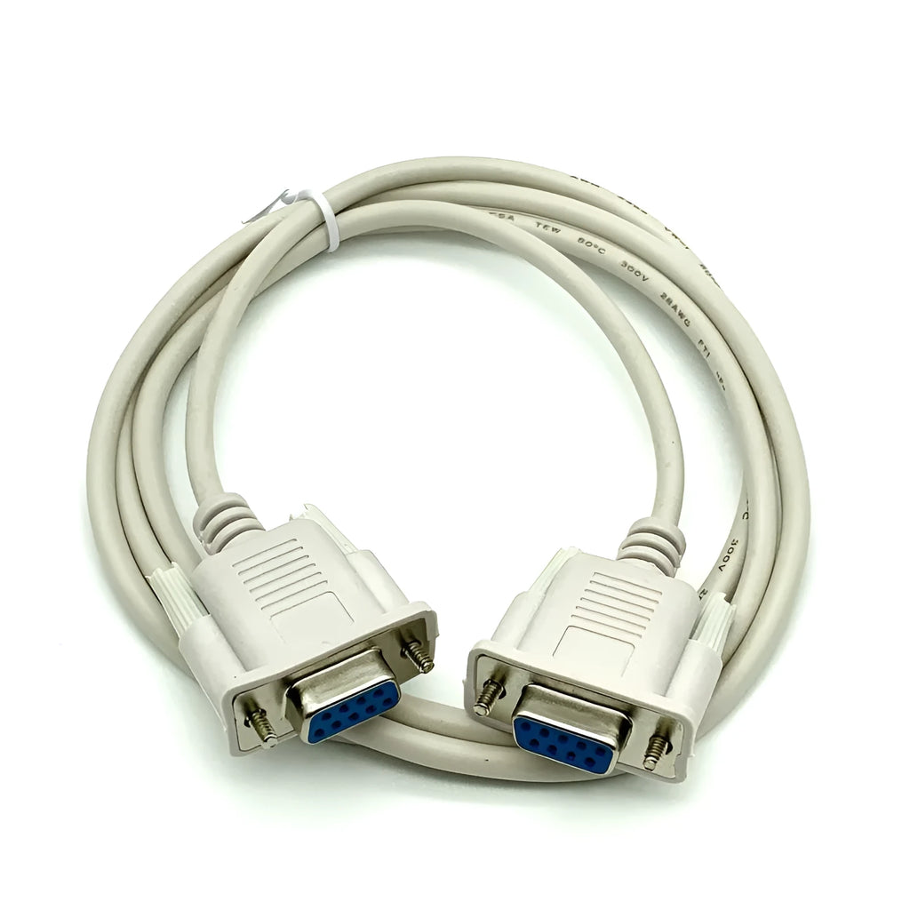 Close-up of a milky white DB9 female to female RS232 serial port cable, 1.5 metres long.
