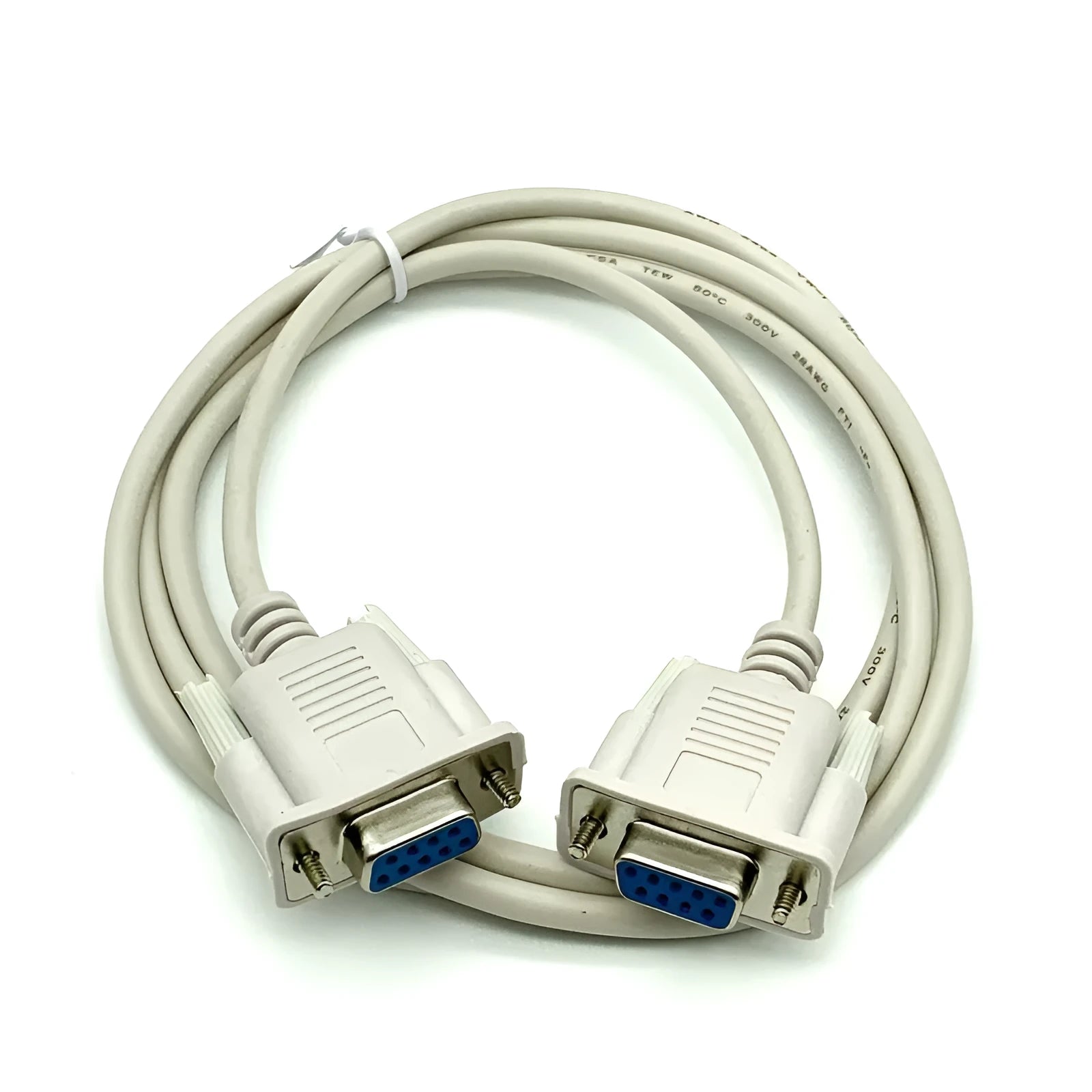 Close-up of a milky white DB9 female to female RS232 serial port cable, 1.5 metres long.