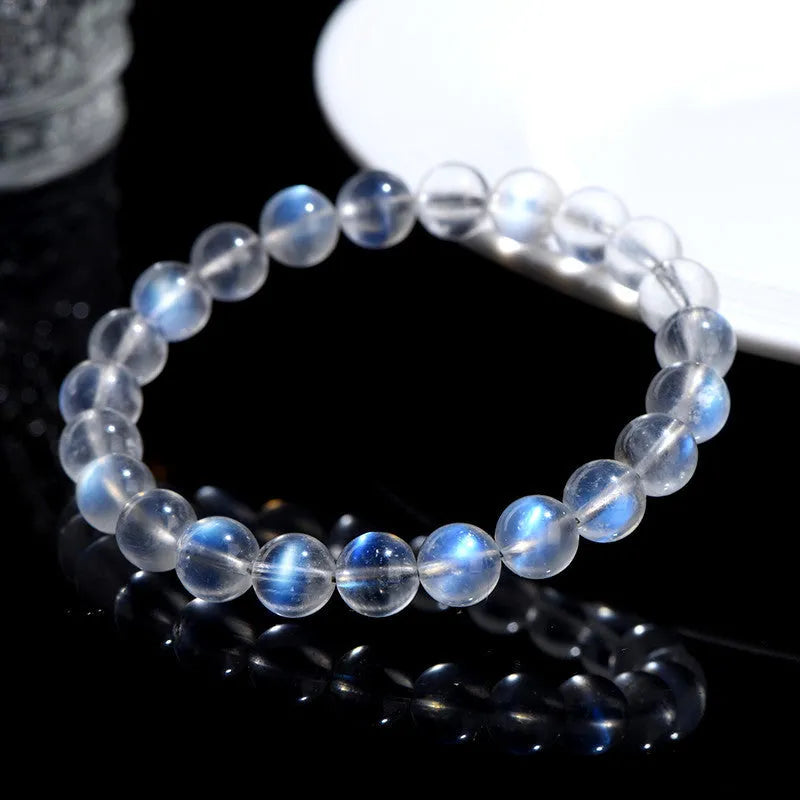 Natural cream body blue moonlight crystal bracelet with polished beads in multiple size options