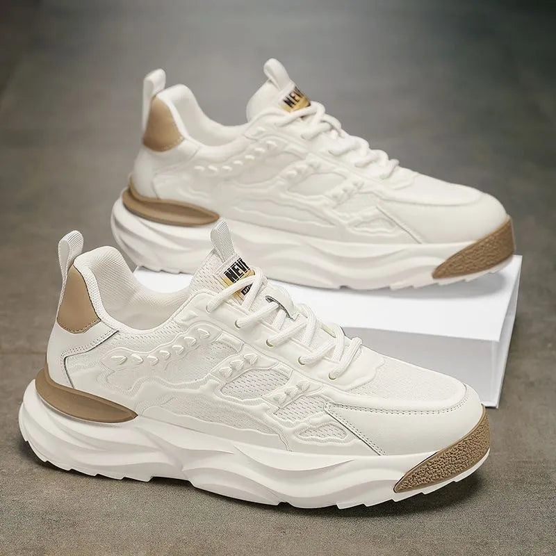 Men's white and black mesh casual shoes with round toe and breathable PU upper