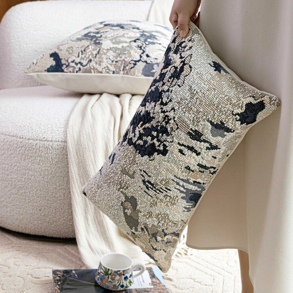 Chinese style antique blue wool blend floral pillow with abstract artistic pattern on feather velvet cushion