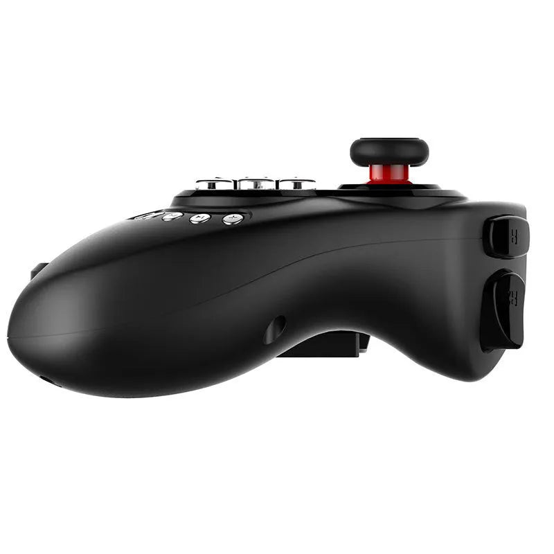 Black wireless telescopic game controller extended to hold a mobile phone, with buttons and joysticks visible.