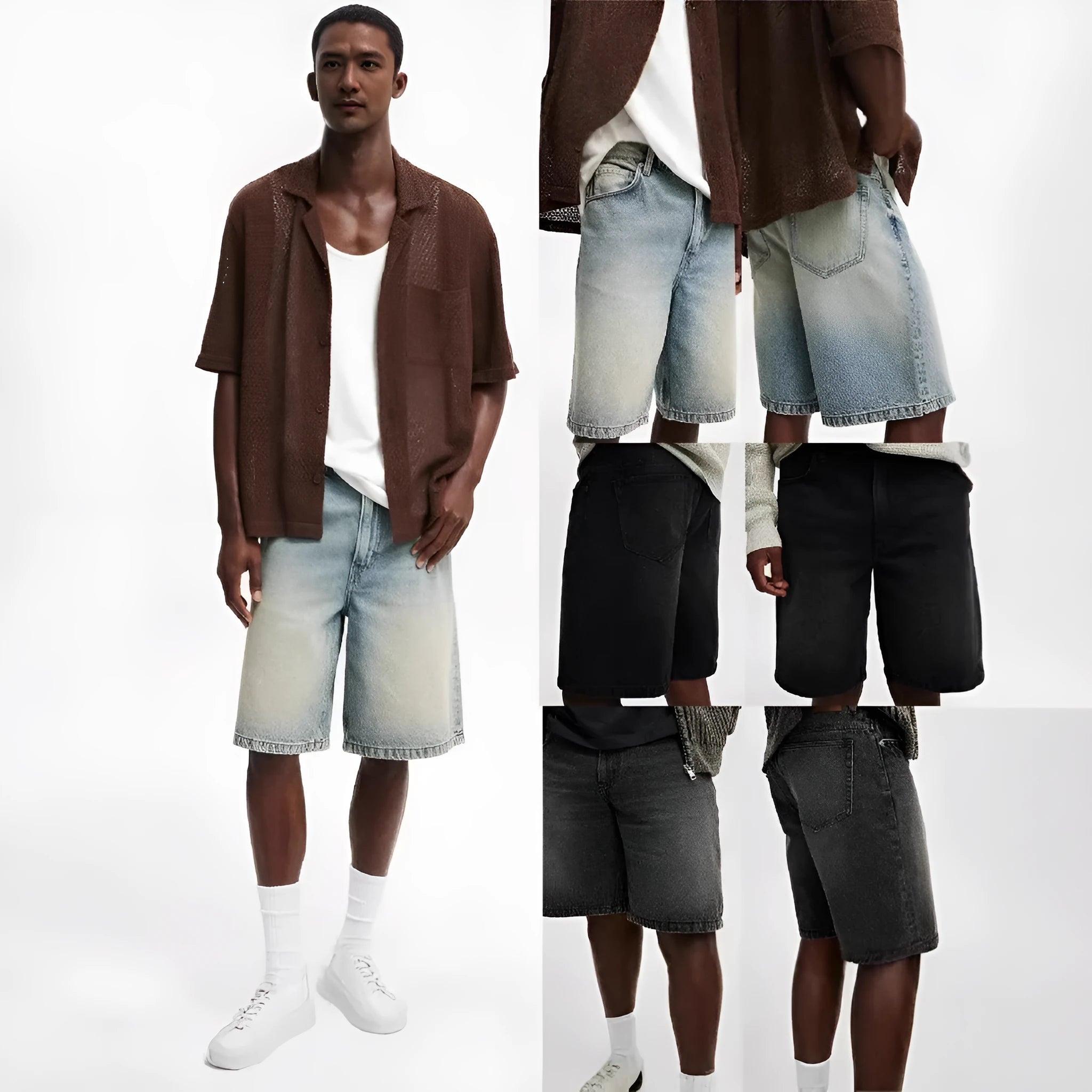 Men's loose straight-leg jeans in light blue, black, and grey denim with cotton composition