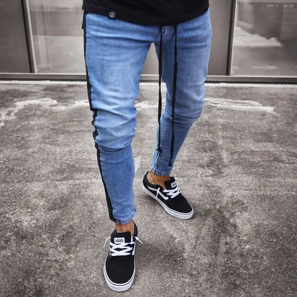 Men's light blue ripped nostalgic jeans with zipper fly, casual leisure fit, cotton-spandex denim, Asian sizing 28-38
