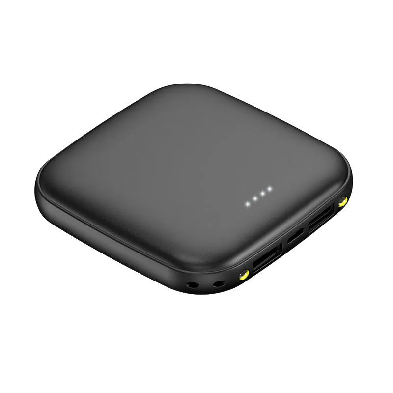 Portable 10000mAh power bank in black with multi-U port output and compact rectangular ABS shell design