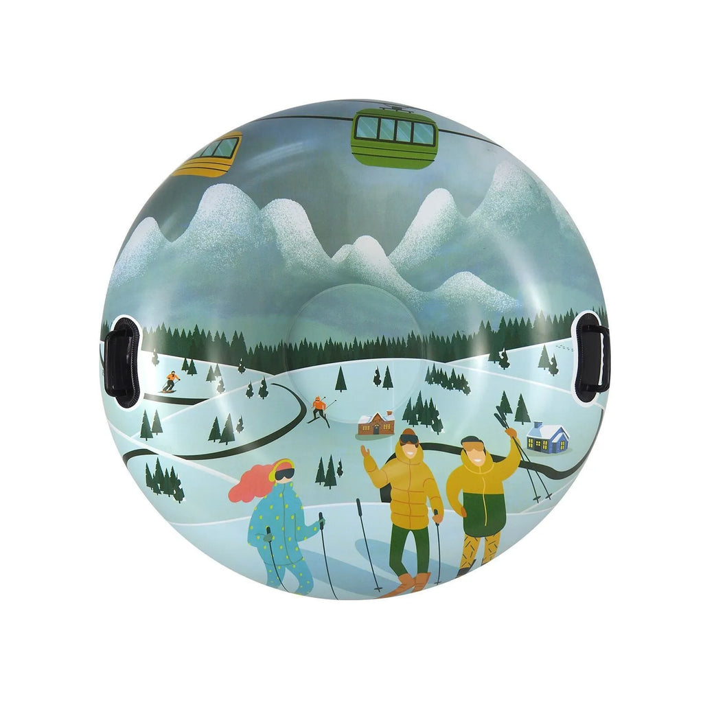 PVC skiing ring toy in red, blue, or mountain print design for outdoor winter games.
