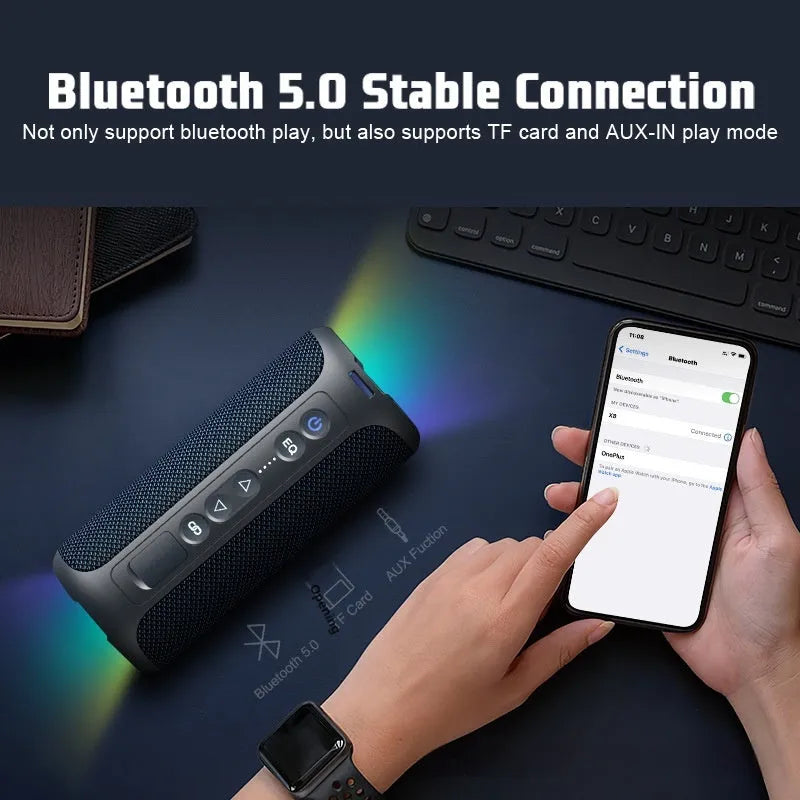 Black and blue 40W wireless Bluetooth fabric speaker with lighting effects showing front view