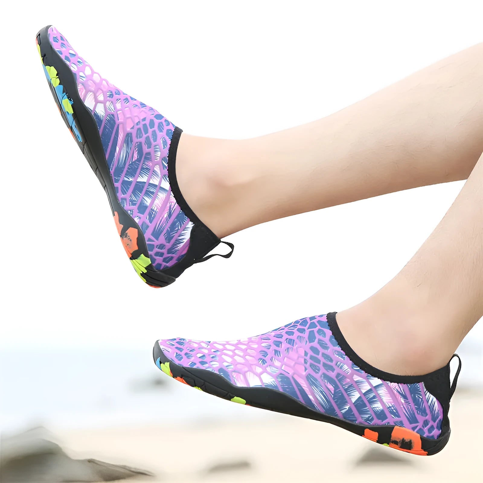 Beach wading shoes in multiple colours with Lycra upper and EVA midsole for swimming.