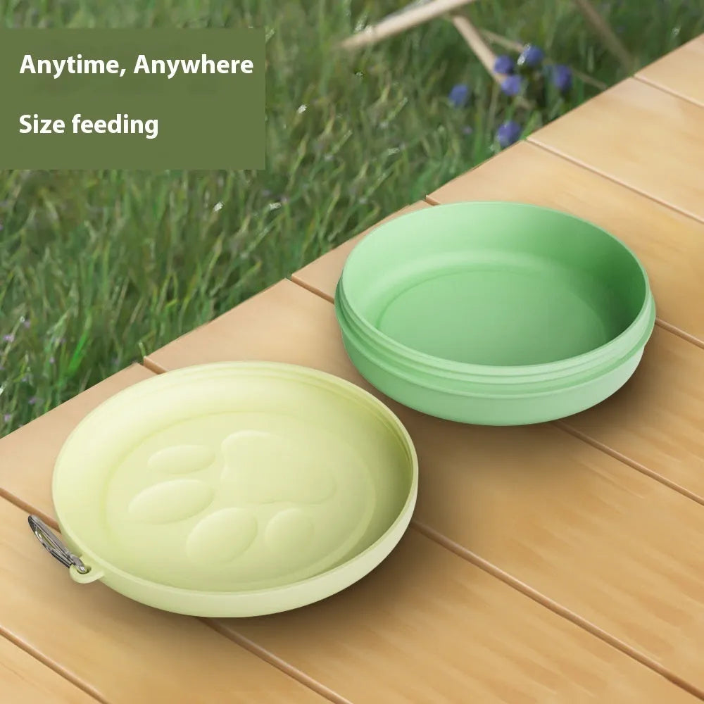 Portable dog food and water bowl with snack box in light pink or green colours