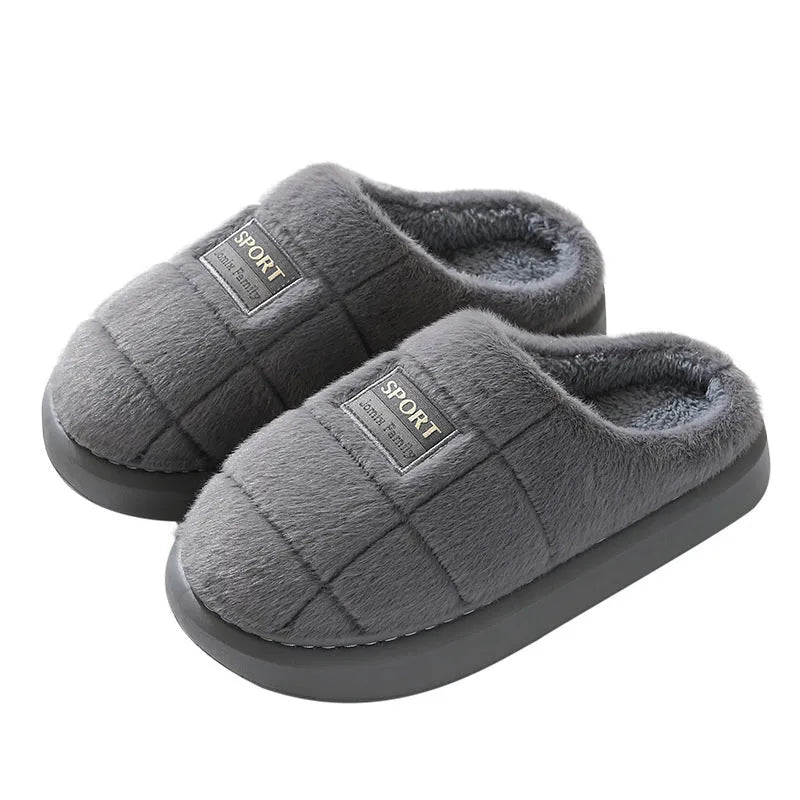 Men's grey and brown plaid winter slippers with rabbit hair uppers and thick soles