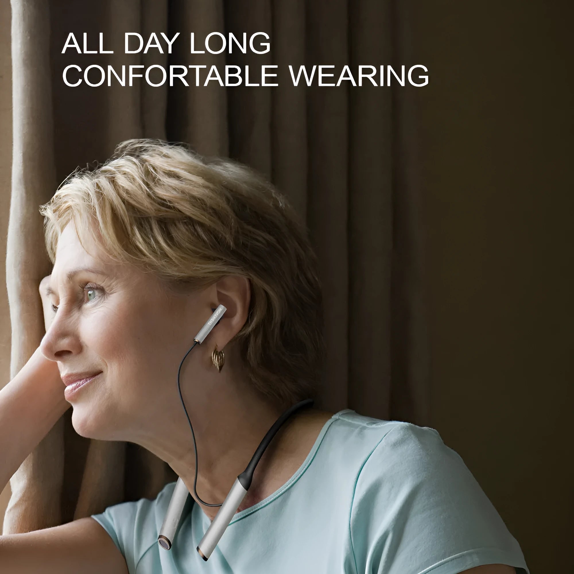 Simple neck hanging Bluetooth headphones in silver and black ABS plastic on display
