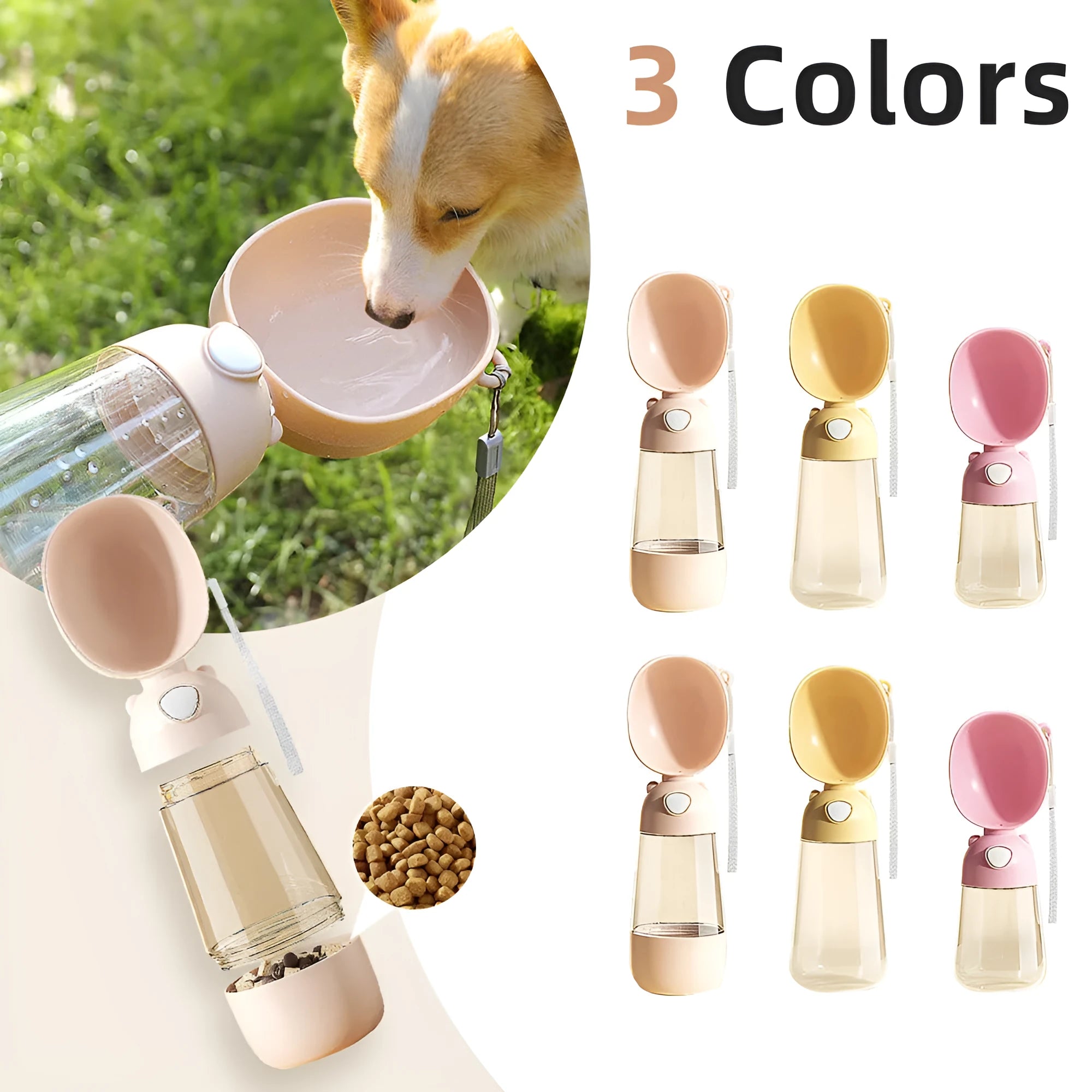 Portable dog water bottle with integrated food container in brown, pink and yellow colour options