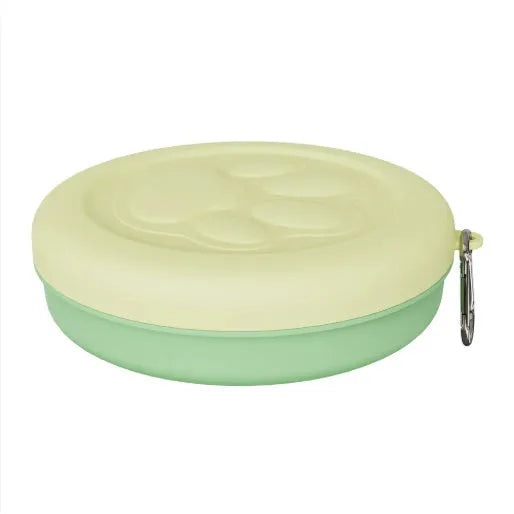 Portable dog food and water bowl with snack box in light pink or green colours