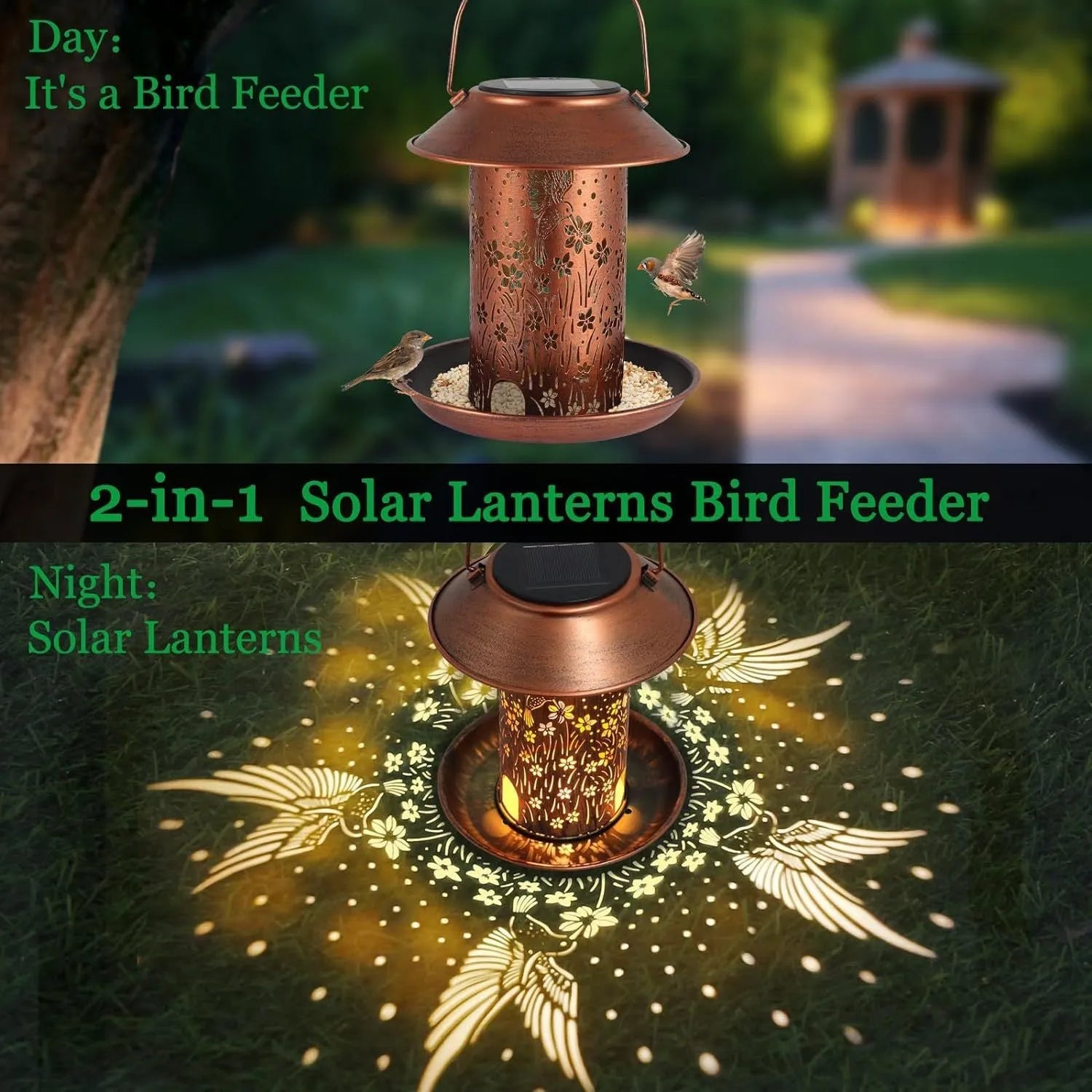 Solar garden lamp and bird feeder with hummingbird design made of iron art.