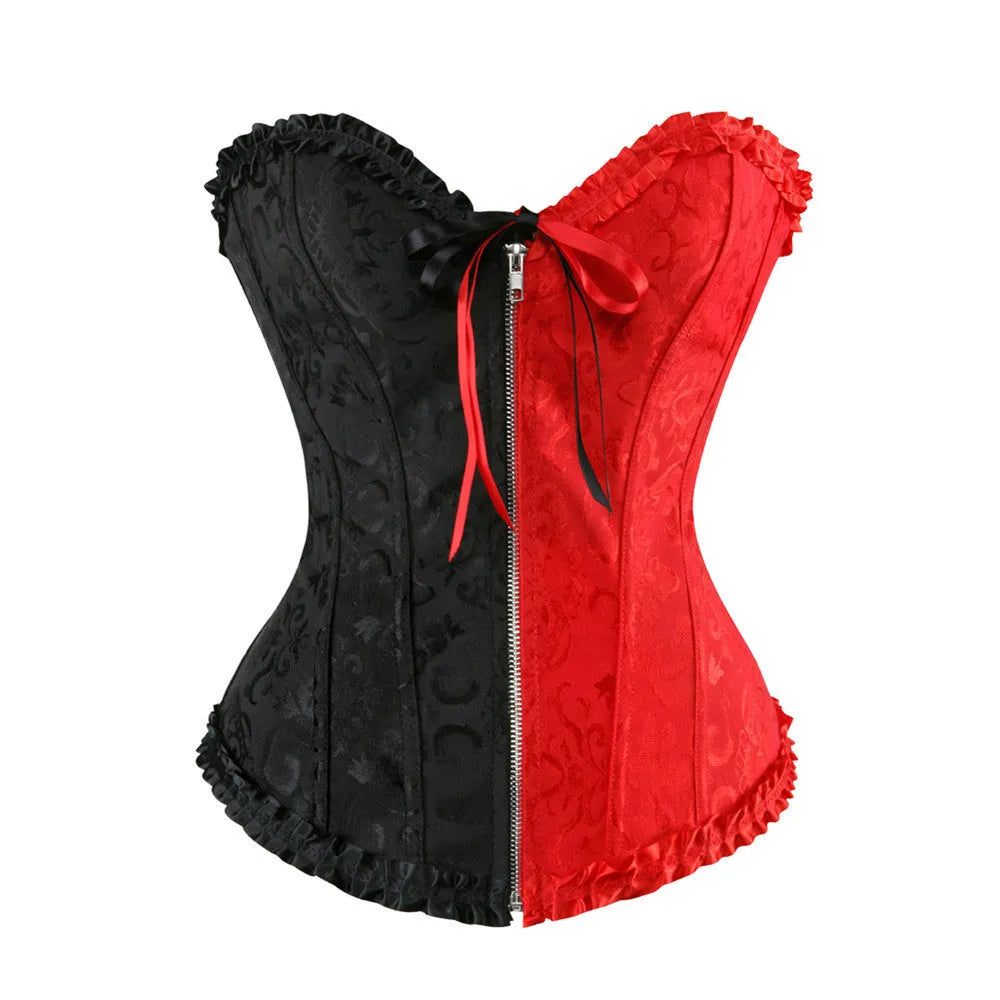 Women's black and red jacquard spandex corset with front zipper closure for waist support.